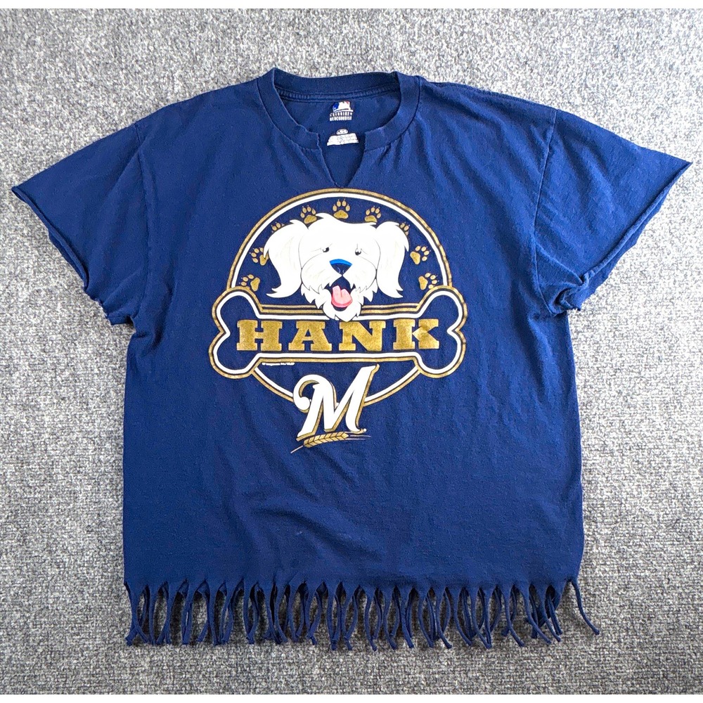 Custom Cropped MLB Milwaukee Brewers Hank the Dog Fringed T-Shirt Large